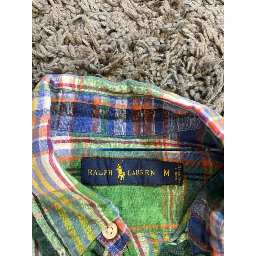 Polo Ralph Lauren Shirt short-sleeve green plaid linen button-down Mens L